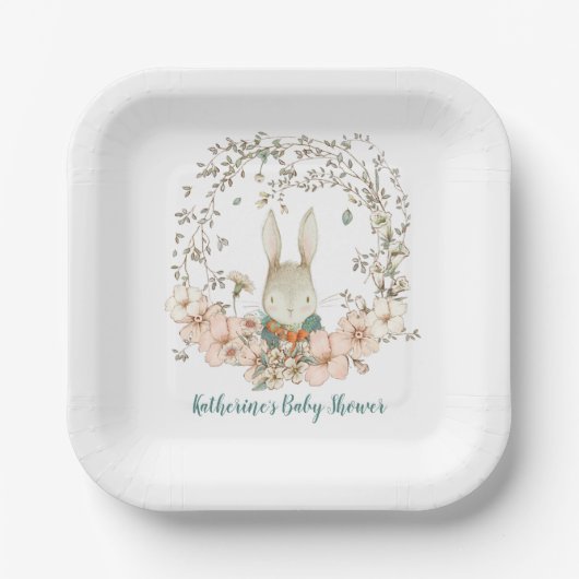 ヴィンテージかわいいバニー花模様男の子のシャワー ペーパープレート (正面)