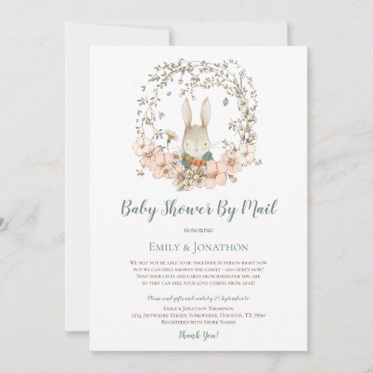 ヴィンテージかわいいバニー葉男の赤ちゃんシャワーバイメール 招待状 (正面)