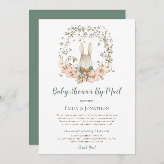 ヴィンテージかわいいバニー葉男の赤ちゃんシャワーバイメール 招待状 (正面/裏面)