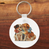 ヴィンテージかわいいバレンタインの子犬の愛、2つの犬のマット キーホルダー (正面)