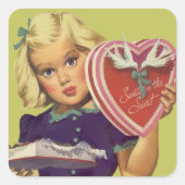 ヴィンテージかわいいバレンタインデーとチョコレート入り女の子 スクエアシール (正面)