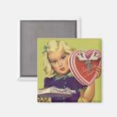 ヴィンテージかわいいバレンタインデーとチョコレート入り女の子 マグネット (正面/裏面)