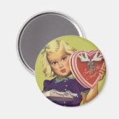 ヴィンテージかわいいバレンタインデーとチョコレート入り女の子 マグネット (正面/裏面)