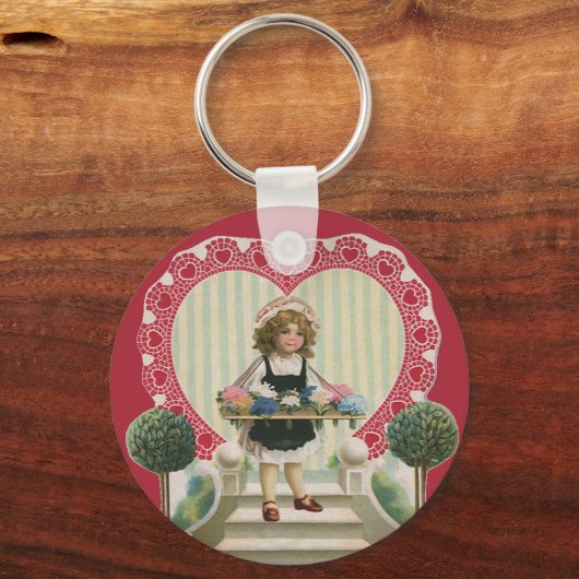 ヴィンテージかわいいバレンタインデー花と少女 キーホルダー (正面)