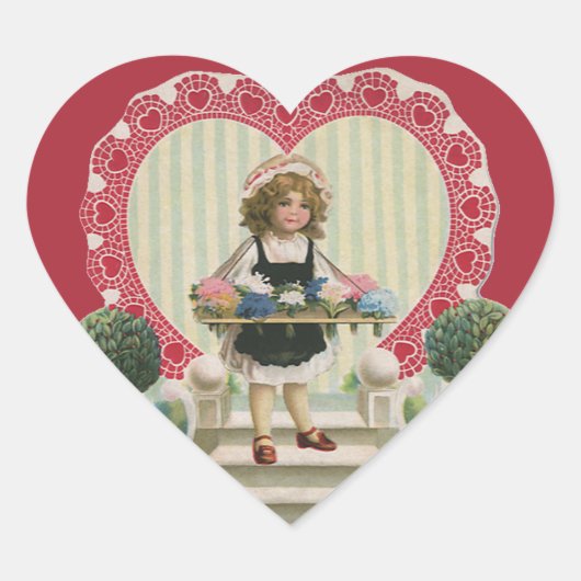 ヴィンテージかわいいバレンタインデー花と少女 ハートシール (正面)