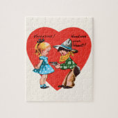 ヴィンテージかわいいバレンタインデー，カウボーイと女の子 ジグソーパズル (縦)