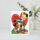 ヴィンテージかわいいバレンタインデー、スクーターに乗った少年 シーズンポストカード (スタンド正面)