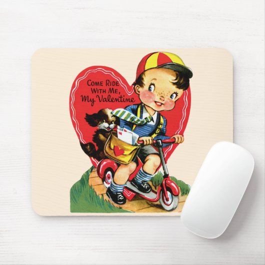 ヴィンテージかわいいバレンタインデー、スクーターに乗った少年 マウスパッド (マウス)