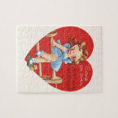 ヴィンテージかわいいバレンタインデー、フェンスの上の女の子 ジグソーパズル (横)