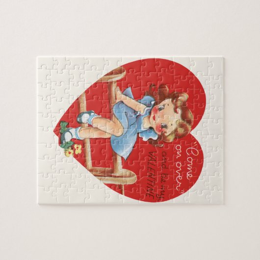 ヴィンテージかわいいバレンタインデー、フェンスの上の女の子 ジグソーパズル (横)