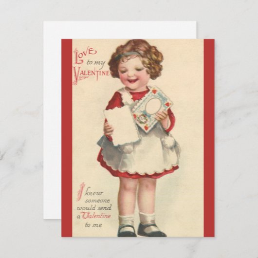 ヴィンテージかわいいバレンタインデー，ラブレター付き女の子 シーズンカード (正面/裏面)