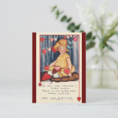 ヴィンテージかわいいバレンタインデー、赤いハート付き女の子 シーズンポストカード (スタンド正面)