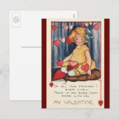 ヴィンテージかわいいバレンタインデー、赤いハート付き女の子 シーズンポストカード (正面/裏面)