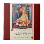 ヴィンテージかわいいバレンタインデー、赤いハート付き女の子 タイル (正面)