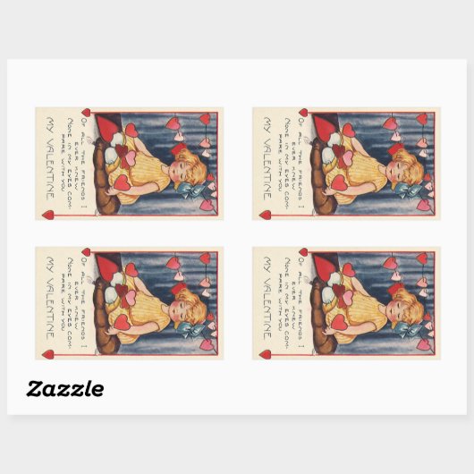 ヴィンテージかわいいバレンタインデー、赤いハート付き女の子 長方形シール (シート)