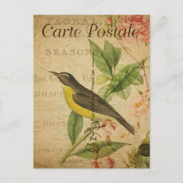 ヴィンテージかわいいバードピンクローズフローラ ポストカード