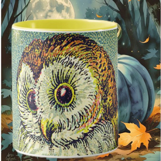 ヴィンテージかわいいフクロウイラストレーションブラウンティール(緑がかった色) マグカップ
