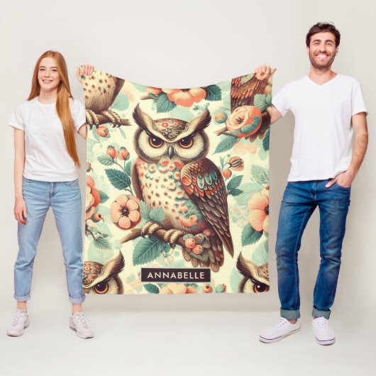 ヴィンテージかわいいフクロウ模様 フリースブランケット (インサイチュ)