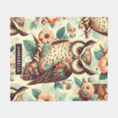 ヴィンテージかわいいフクロウ模様 フリースブランケット (正面(横))