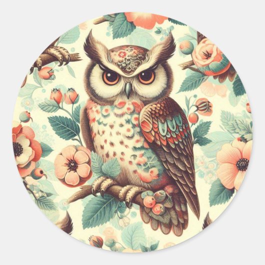 ヴィンテージかわいいフクロウ模様 ラウンドシール (正面)