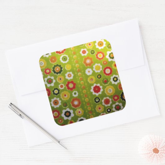 ヴィンテージかわいいフラワーパワーレトロ壁紙 スクエアシール (封筒)