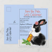 ヴィンテージかわいいブルーバニー、ニンジン日付を保存ベビー 案内ポストカード (正面/裏面)