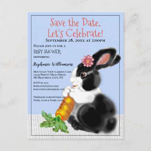 ヴィンテージかわいいブルーバニー、ニンジン日付を保存ベビー 案内ポストカード (正面)