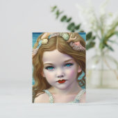 ヴィンテージかわいいブルー海妖精ガール ポストカード (スタンド正面)