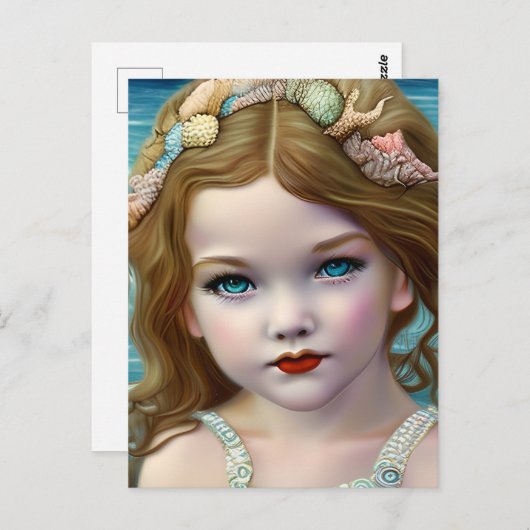 ヴィンテージかわいいブルー海妖精ガール ポストカード (正面/裏面)