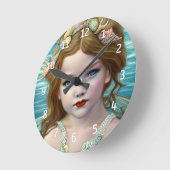 ヴィンテージかわいいブルー海妖精ガール ラウンド壁時計 (傾斜)