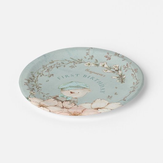 ヴィンテージかわいいベアーボーイグリーン一歳パーティー ペーパープレート (アングル)