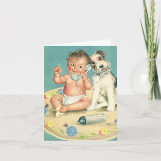 ヴィンテージかわいいベビーオンフォンパピードグサンキュー サンキューカード (正面)