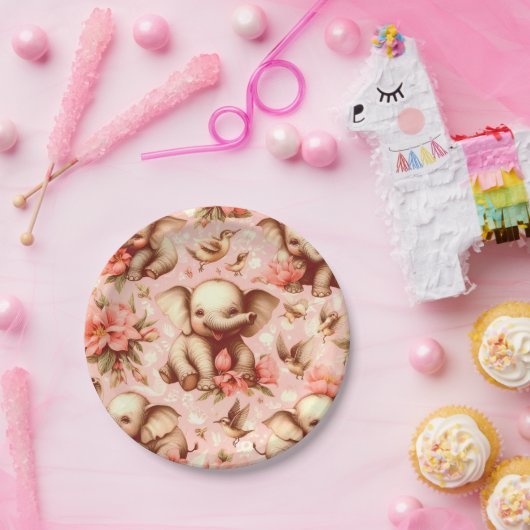ヴィンテージかわいいベビーゾウ模様 ペーパープレート (パーティー)