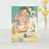 ヴィンテージかわいいベビー電話で話す子犬 カード (黄色い花)