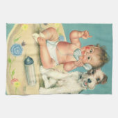 ヴィンテージかわいいベビー電話で話す子犬 キッチンタオル (横)