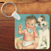 ヴィンテージかわいいベビー電話で話す子犬 キーホルダー (正面)