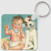ヴィンテージかわいいベビー電話で話す子犬 キーホルダー (裏面)
