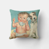 ヴィンテージかわいいベビー電話で話す子犬 クッション (裏面)