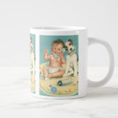 ヴィンテージかわいいベビー電話で話す子犬 ジャンボコーヒーマグカップ (右)