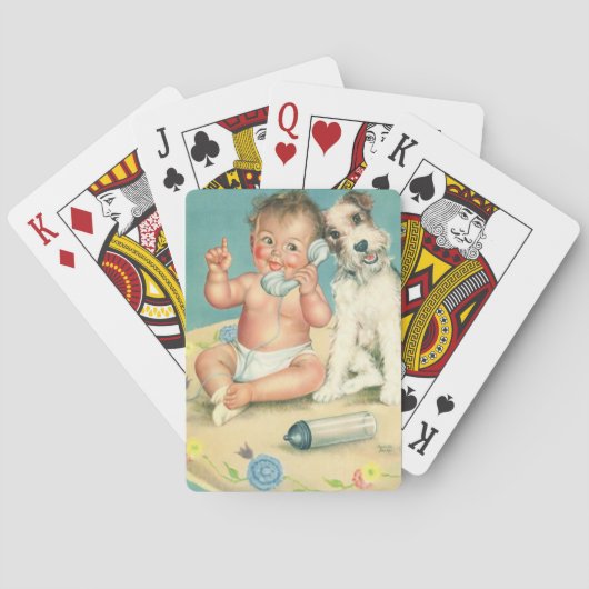 ヴィンテージかわいいベビー電話で話す子犬 トランプ (裏面)