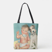 ヴィンテージかわいいベビー電話で話す子犬 トートバッグ (裏面)
