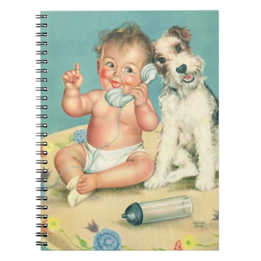 ヴィンテージかわいいベビー電話で話す子犬 ノートブック (正面)