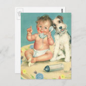 ヴィンテージかわいいベビー電話で話す子犬 ポストカード (正面/裏面)