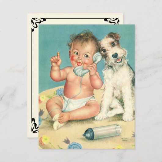 ヴィンテージかわいいベビー電話子犬ベビーシャワー 招待状 (正面/裏面)