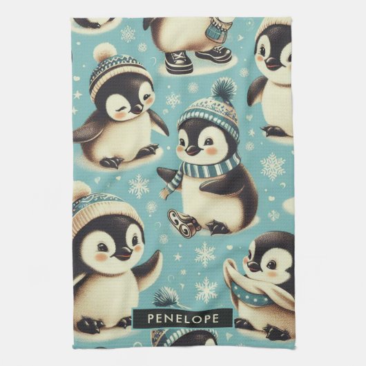 ヴィンテージかわいいペンギン キッチンタオル (縦)