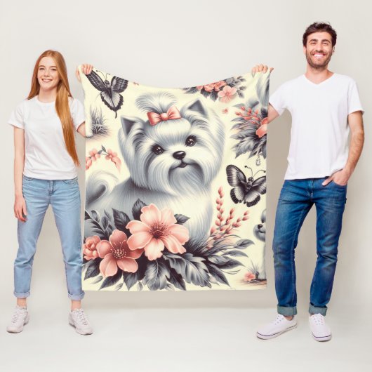 ヴィンテージかわいいマルチーズイラストレーション フリースブランケット (インサイチュ)