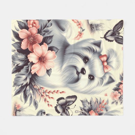 ヴィンテージかわいいマルチーズイラストレーション フリースブランケット (正面(横))