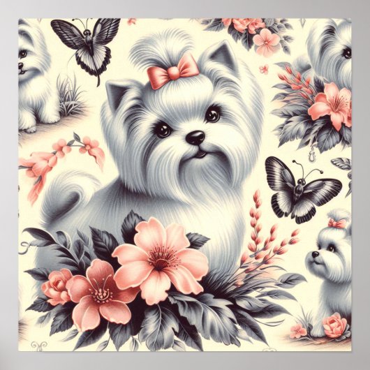 ヴィンテージかわいいマルチーズイラストレーション ポスター (正面)