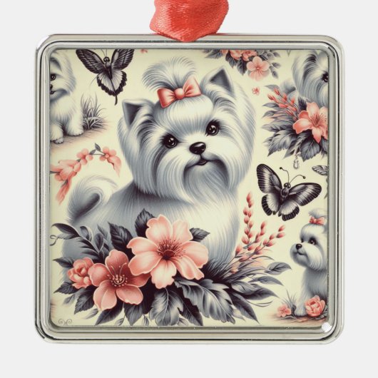 ヴィンテージかわいいマルチーズイラストレーション メタルオーナメント (正面)