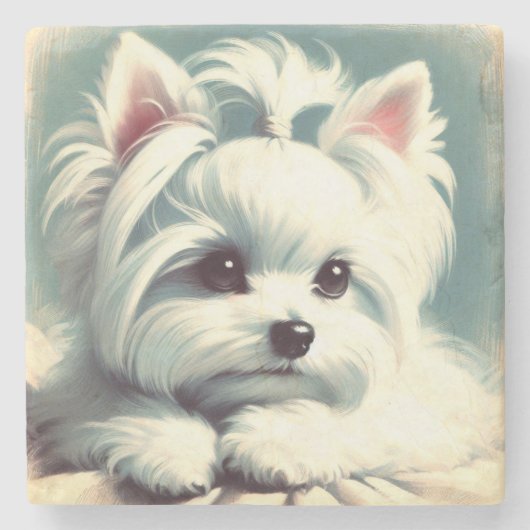 ヴィンテージかわいいマルチーズ絵画ズ ストーンコースター (正面)